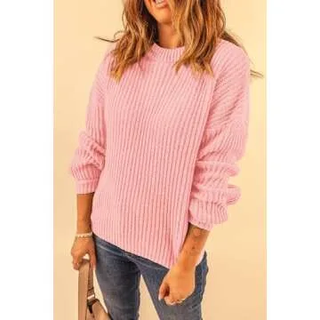 PRETTYGARDEN Women's Fashion Sweater Long Sleeve Casual Ribbed Knit Winter Clothes Pullover Sweaters Blouse Top (Pink,Small)