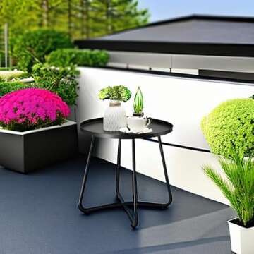 danpinera Outdoor Side Tables, Weather Resistant Steel, Small Round End Table for Patio Yard Balcony Garden Bedside Black