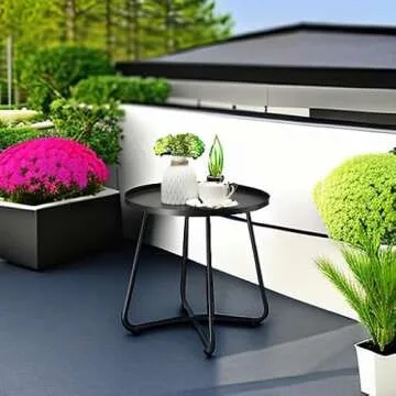 danpinera Outdoor Side Tables, Weather Resistant Steel, Small Round End Table for Patio Yard Balcony Garden Bedside Black