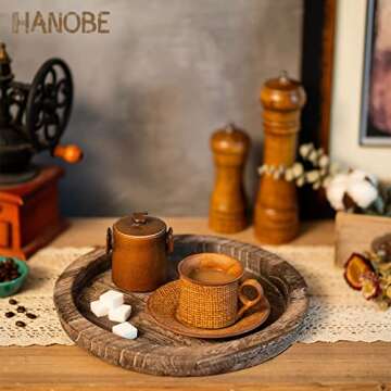 Hanobe Rustic Wooden Serving Tray: Round Wood Butler Decorative Tray Vintage Centerpiece Candle Holder Trays Farmhouse Ottoman Tray for Decor Countertop Home Decor Accessories for Coffee Table