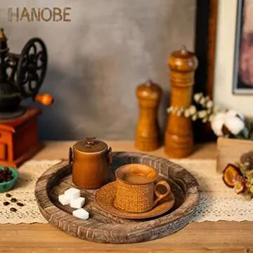 Hanobe Rustic Wooden Serving Tray: Round Wood Butler Decorative Tray Vintage Centerpiece Candle Holder Trays Farmhouse Ottoman Tray for Decor Countertop Home Decor Accessories for Coffee Table