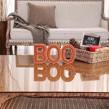 BAYSBAI Boo Halloween Sign, Halloween Decorations Indoor Boo Letter, Wooden Boo Sign Halloween Table Decor, Beaded Boo for Halloween Party Decor, Distressed Orange