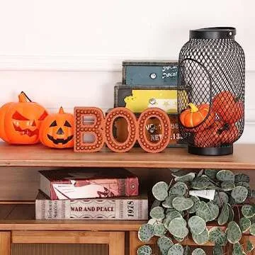 BAYSBAI Boo Halloween Sign, Halloween Decorations Indoor Boo Letter, Wooden Boo Sign Halloween Table Decor, Beaded Boo for Halloween Party Decor, Distressed Orange