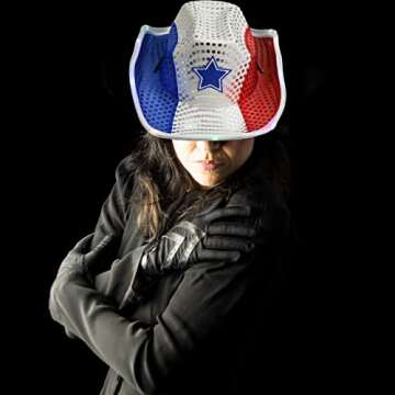 GiftExpress Light Up Patriotic Cowboy Hat - Red, White & Blue Sequin Cowgirl Hat w/Flashing LED - USA Western Rodeo Theme Party Costume for Women and Man Adult Size