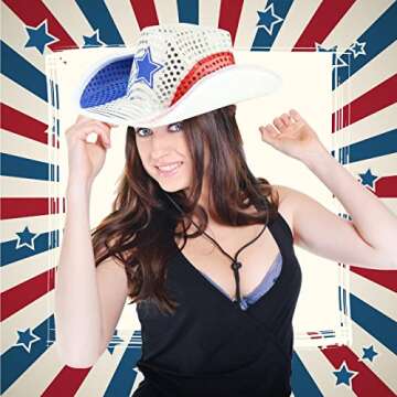 GiftExpress Light Up Patriotic Cowboy Hat - Red, White & Blue Sequin Cowgirl Hat w/Flashing LED - USA Western Rodeo Theme Party Costume for Women and Man Adult Size