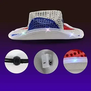 GiftExpress Light Up Patriotic Cowboy Hat - Red, White & Blue Sequin Cowgirl Hat w/Flashing LED - USA Western Rodeo Theme Party Costume for Women and Man Adult Size