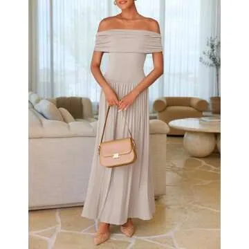 ZESICA Women's Off The Shoulder Maxi Dress 2025 Summer Sleeveless Casual Slim Swing Pleated Formal Party Dresses,Light Khaki,Medium