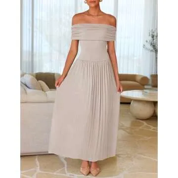 ZESICA Women's Off The Shoulder Maxi Dress 2025 Summer Sleeveless Casual Slim Swing Pleated Formal Party Dresses,Light Khaki,Medium