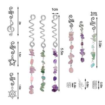 40Pcs Natural Colored Crystal Stone Hair Accessories, hoyuwak Metal Hair Charms, Silver Loc Dreadloc...