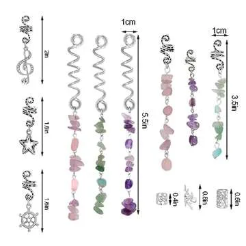 40Pcs Natural Colored Crystal Stone Hair Accessories, hoyuwak Metal Hair Charms, Silver Loc Dreadloc...