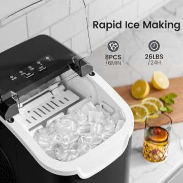 Kismile Ice Makers Countertop with Carry Handle,8 Cubes in 6 Mins,26Lbs/Day,2 Size of Bullet Ice,Por...