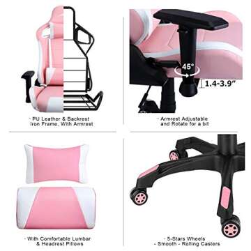 Leopard Gaming Chair, High Back PU Leather Office Chair, Adjustable Video Gaming Chairs, Swivel Racing Chair with Adjustable Armrest (White/Pink)