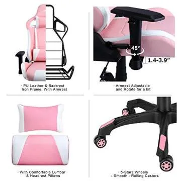 Leopard Gaming Chair, High Back PU Leather Office Chair, Adjustable Video Gaming Chairs, Swivel Racing Chair with Adjustable Armrest (White/Pink)