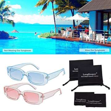 Long Keeper 2 Pair Small Rectangle Sunglasses Women UV 400 Retro Fashion Square Driving Glasses (Blue Blue+Pink Pink)