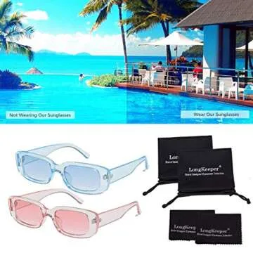 Long Keeper 2 Pair Small Rectangle Sunglasses Women UV 400 Retro Fashion Square Driving Glasses (Blue Blue+Pink Pink)