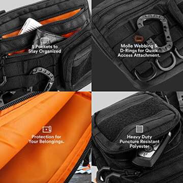 Fitdom Small Tactical Messenger Bag For Men. Multiple Ways to Carry as Sling, Shoulder, Crossbody, Waist, Pouch Side Pack. Made with Heavy Duty Fabric. Pack This EDC Tactical Bag (BLACK)