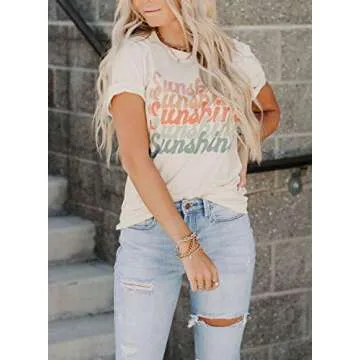 Elapsy Womens Summer Comfy Ripped Distressed Cotton Tee Sunshine Graphic Rolled Sleeve Slogan T Shirts Basic Tops Shirt and Blouse White L