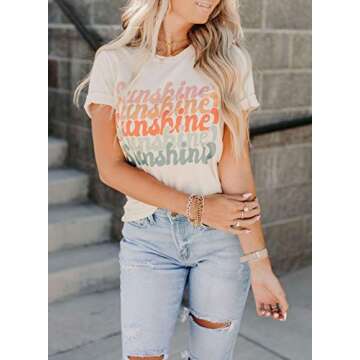 Elapsy Womens Summer Comfy Ripped Distressed Cotton Tee Sunshine Graphic Rolled Sleeve Slogan T Shirts Basic Tops Shirt and Blouse White L