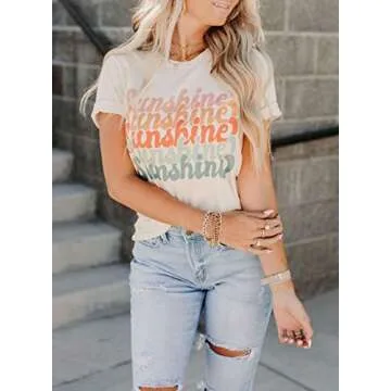 Elapsy Womens Summer Comfy Ripped Distressed Cotton Tee Sunshine Graphic Rolled Sleeve Slogan T Shirts Basic Tops Shirt and Blouse White L