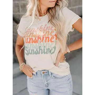 Elapsy Womens Summer Comfy Ripped Distressed Cotton Tee Sunshine Graphic Rolled Sleeve Slogan T Shirts Basic Tops Shirt and Blouse White L