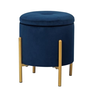 Adeco Upholstered Tufted Round Storage Ottoman, Navy Velvet with Gold Metal Legs