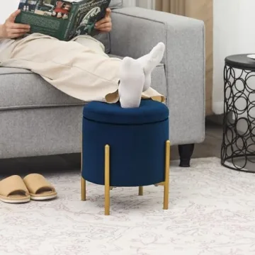 Adeco Navy Velvet Storage Ottoman with Gold Legs