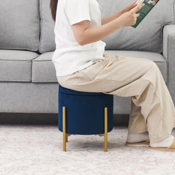 Adeco Navy Velvet Storage Ottoman with Gold Legs