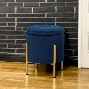 Adeco Navy Velvet Storage Ottoman with Gold Legs