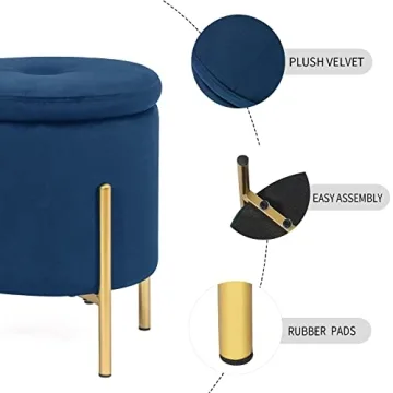 Adeco Navy Velvet Storage Ottoman with Gold Legs