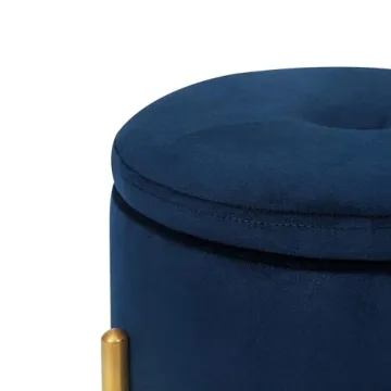 Adeco Navy Velvet Storage Ottoman with Gold Legs