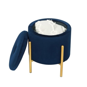 Adeco Navy Velvet Storage Ottoman with Gold Legs