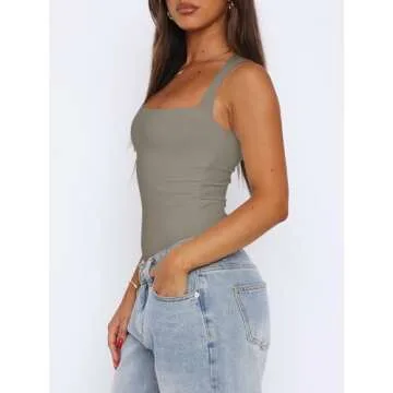 REORIA Womens Summer Sexy Sleeveless Square Neck Double Lined Going Out Cute Thong Bodysuit Tank Tops Antique Pewter Small