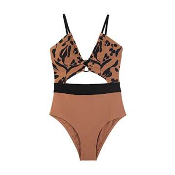 CUPSHE Women's One Piece Swimsuit Plunge Neckline Cutout Criss Cross Bathing Suit, S Brown