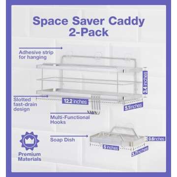 KINCMAX Shower Caddy with 4 Hooks, 304 Stainless Steel, 1 Shelf, Adhesive Mount, Easy to Install, Fast Drain, Holds 20lbs, Ideal for Bathroom, Kitchen, Entryway