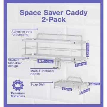 KINCMAX Shower Caddy with 4 Hooks, 304 Stainless Steel, 1 Shelf, Adhesive Mount, Easy to Install, Fast Drain, Holds 20lbs, Ideal for Bathroom, Kitchen, Entryway