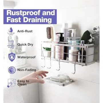 KINCMAX Shower Caddy with 4 Hooks, 304 Stainless Steel, 1 Shelf, Adhesive Mount, Easy to Install, Fast Drain, Holds 20lbs, Ideal for Bathroom, Kitchen, Entryway