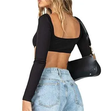 Women Long Sleeve Crop Top Square Neck Cropped Shirt Top Blouse Sexy Low Cut Bustier Top Y2K Fashion Streetwear (A-Knit Black, Medium)