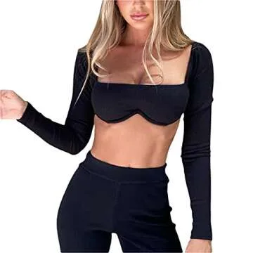 Women Long Sleeve Crop Top Square Neck Cropped Shirt Top Blouse Sexy Low Cut Bustier Top Y2K Fashion Streetwear (A-Knit Black, Medium)