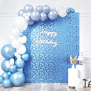 HOUSE OF PARTY Satin Shimmer Wall Backdrop - Pack of 24 Sky Blue Square Sequin Wall Panel for Birthd...