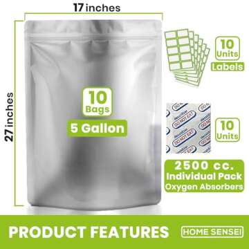 10pcs 5 Gallon Mylar Bags for Food Storage - 10 Mil Thick - Mylar Bags 5 Gallon with Oxygen Absorber...