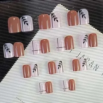 GXOINPS Press on Nails Short Fall Fake Nails Square Glue on Nails Black Leaf and Line Design False Nails Glossy Acrylic Nails Brown and Light Pink Full Cover Artificial Nails for Women 24pcs