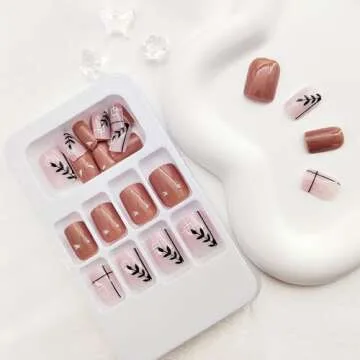 GXOINPS Press on Nails Short Fall Fake Nails Square Glue on Nails Black Leaf and Line Design False Nails Glossy Acrylic Nails Brown and Light Pink Full Cover Artificial Nails for Women 24pcs