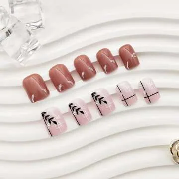 GXOINPS Press on Nails Short Fall Fake Nails Square Glue on Nails Black Leaf and Line Design False Nails Glossy Acrylic Nails Brown and Light Pink Full Cover Artificial Nails for Women 24pcs