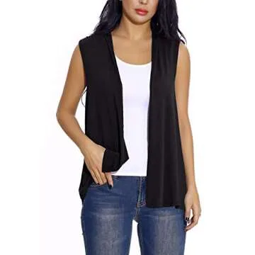 Women's Stylish Casual Sleeveless Open Front Cardigan Vest - Lightweight, Black L