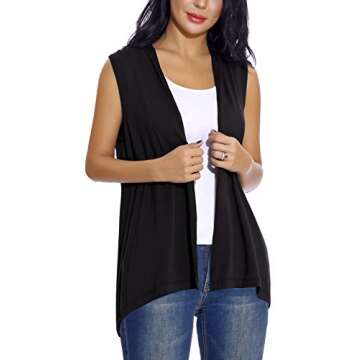 Women's Sleeveless Open Front Cardigan Vest Lightweight Cool Coat (L, Black)