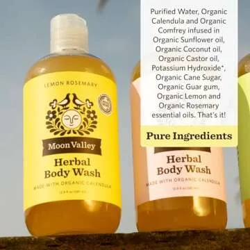 Herbal Body Wash, Lemon Rosemary by Moon Valley, All Natural Ingredients, No Parabens, Vegan, Moisturizing Essential Oils, Two Pack