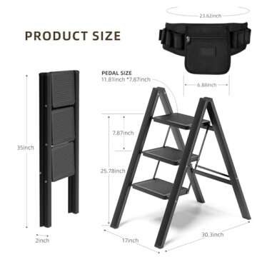 Kikcoin 3 Step Ladder, Folding Ladder with Wide Anti-Slip Pedal, Step Stool Foldable for Heavy-weigh...