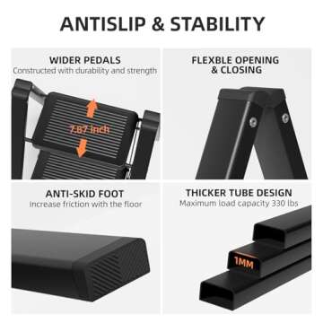 Kikcoin 3 Step Ladder, Folding Ladder with Wide Anti-Slip Pedal, Step Stool Foldable for Heavy-weighted Adults, Portable Stepladders for Home, Kitchen, Office, Sturdy 330lbs, with Tool Belt, Black
