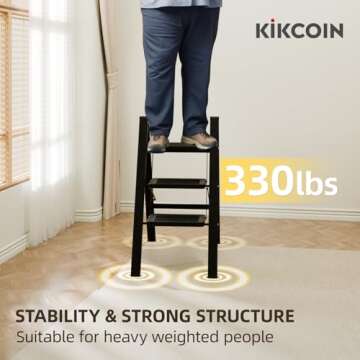 Kikcoin 3 Step Ladder, Folding Ladder with Wide Anti-Slip Pedal, Step Stool Foldable for Heavy-weighted Adults, Portable Stepladders for Home, Kitchen, Office, Sturdy 330lbs, with Tool Belt, Black