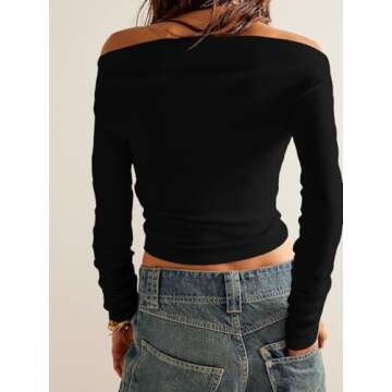 Tankaneo Women's Long Sleeve Shirts Off Shoulder Going Out Crop Tops Sexy Y2K T Shirts Black